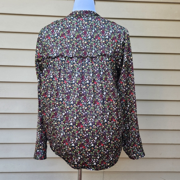 Saccharine Multicolor Floral Print Button-Up Blouse Ruffle Trim Cotton Silk - Picture 7 of 12
